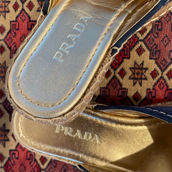 PRADA Blue Suede/Gold Criss-Cross Espadrille/Slide/Sandal - Size 38 - Picture 3 of 6